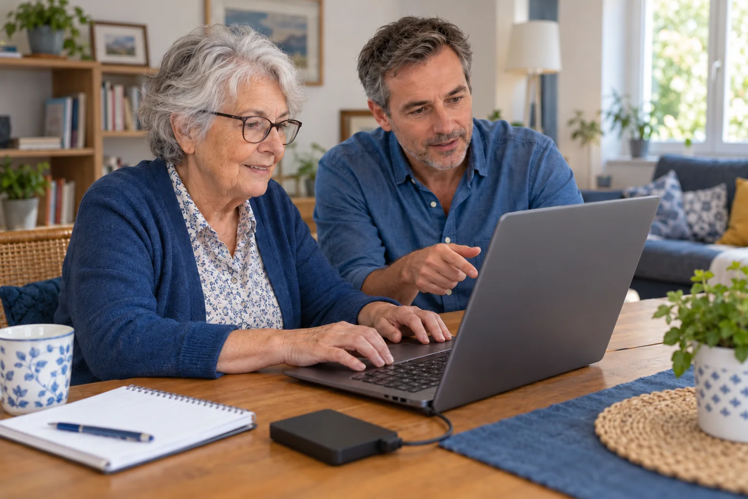 Une senior utilise elle-même son ordinateur avec les explications d’un formateur à domicile