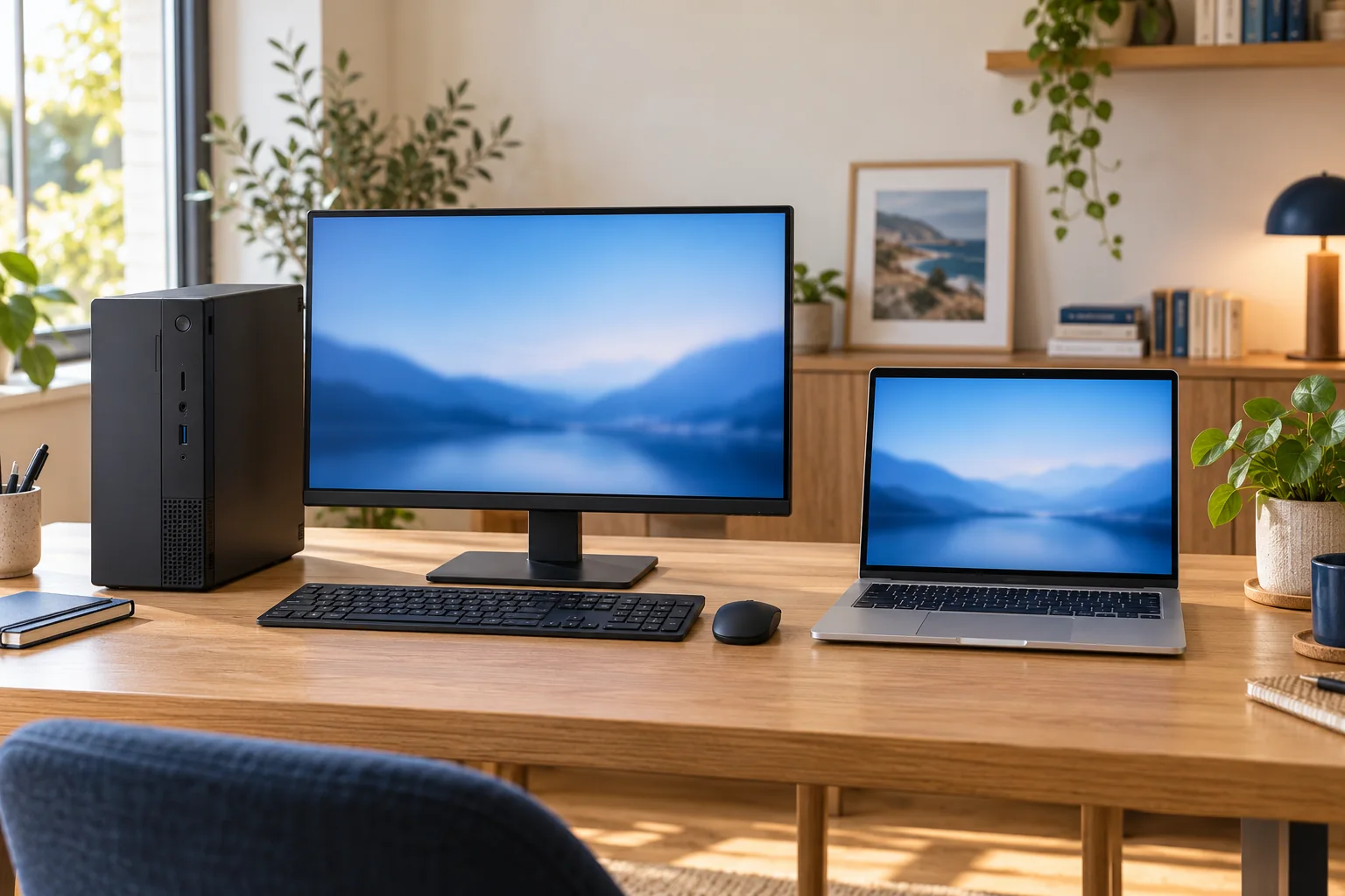 Un PC fixe avec écran séparé et un ordinateur portable dans un bureau à domicile