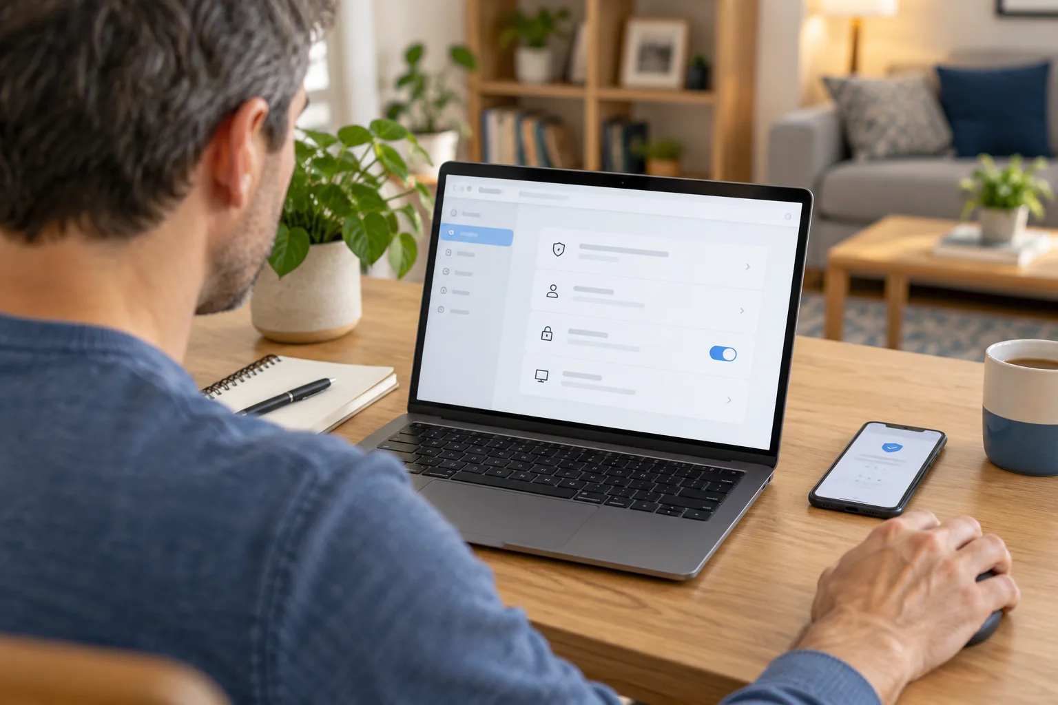 Une personne consulte les paramètres de sécurité de ses comptes sur son ordinateur à domicile, avec son téléphone à proximité