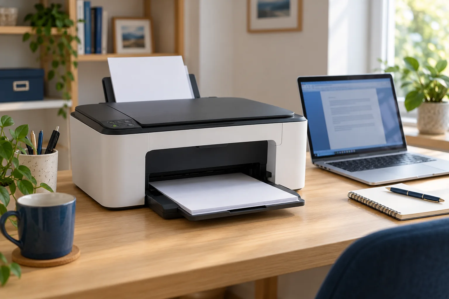 Une imprimante multifonction et un ordinateur portable installés sur un bureau à la maison