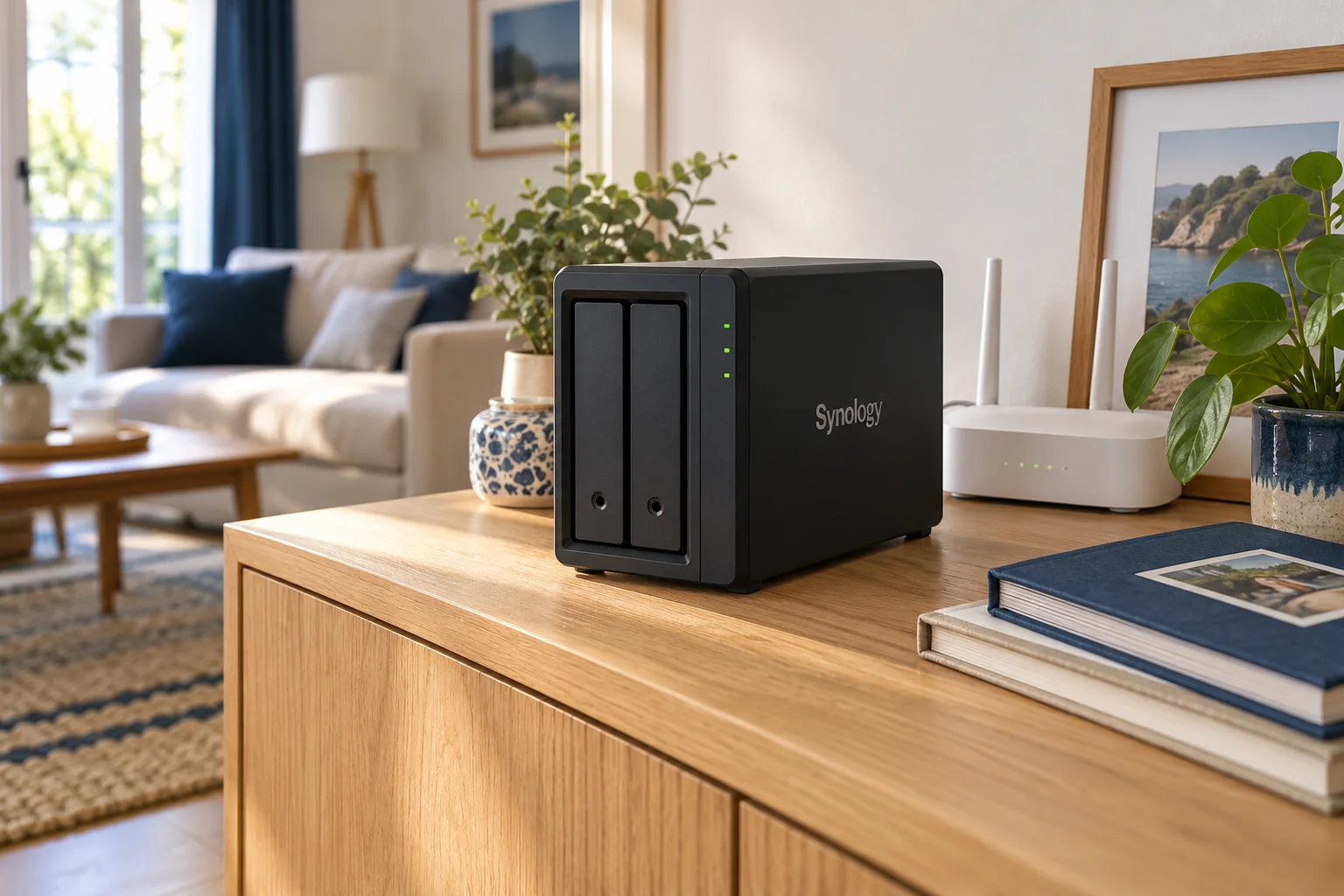 NAS Synology à deux baies installé près d’une box dans un salon