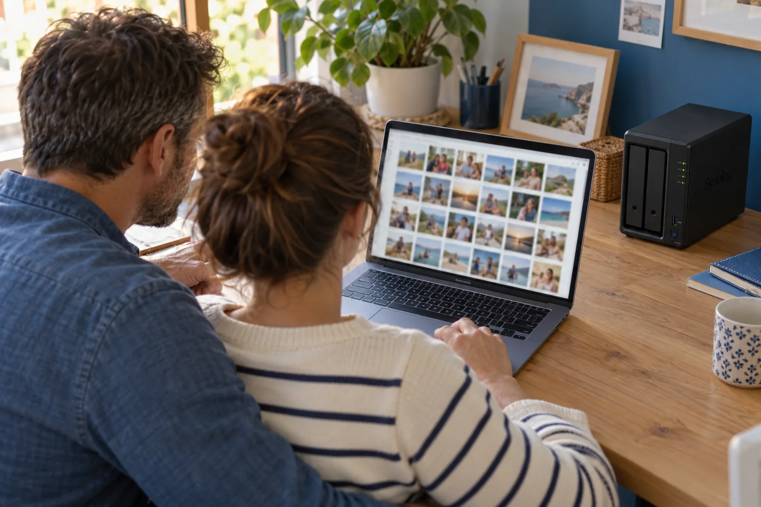 Un couple consulte ses photos de famille sur un ordinateur portable, avec un NAS Synology à proximité