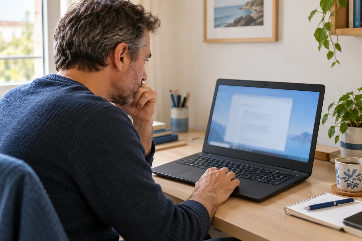 Un particulier attend devant son ordinateur portable à la maison, pour illustrer un problème de lenteur