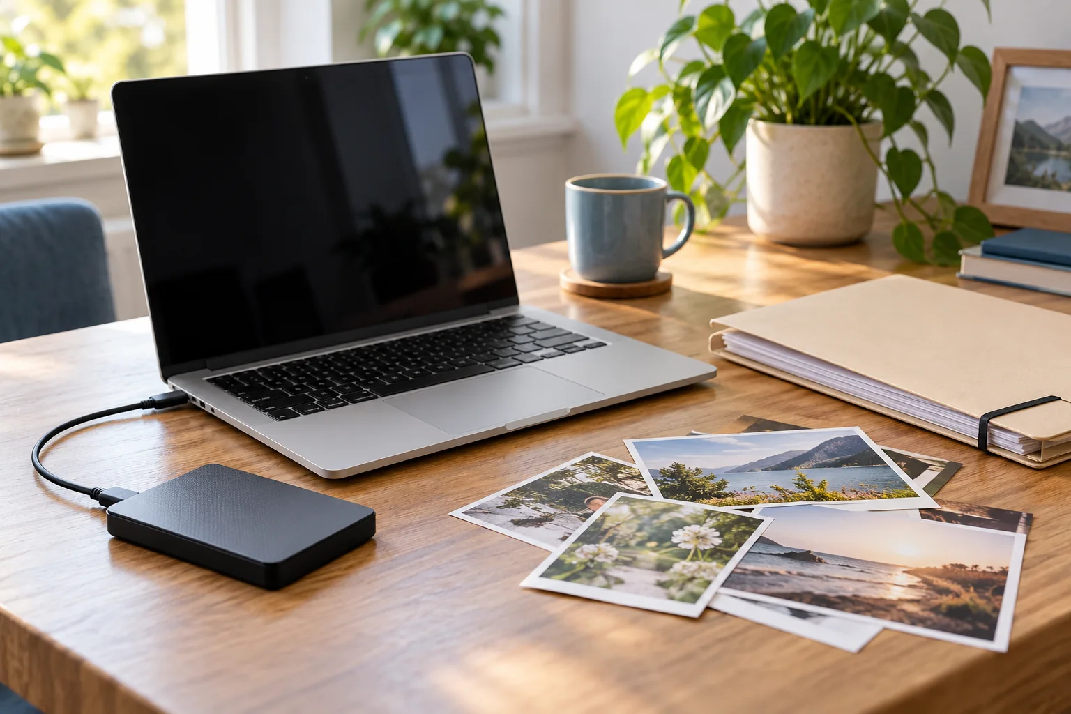 Ordinateur portable, disque externe et photos de famille sur un bureau