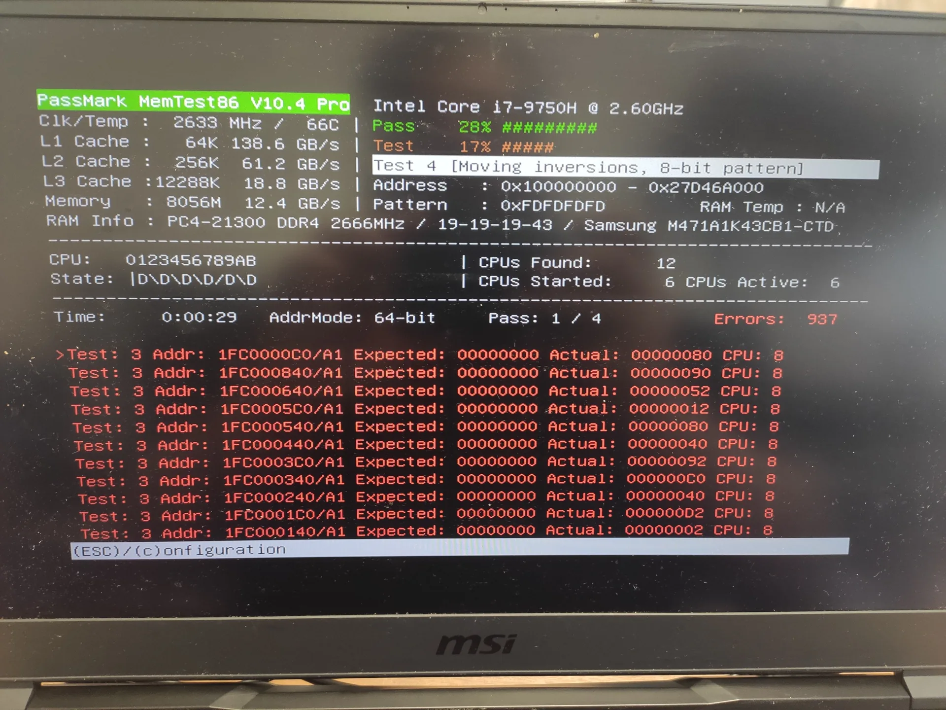 Test MemTest révélant des erreurs de mémoire vive avant remplacement