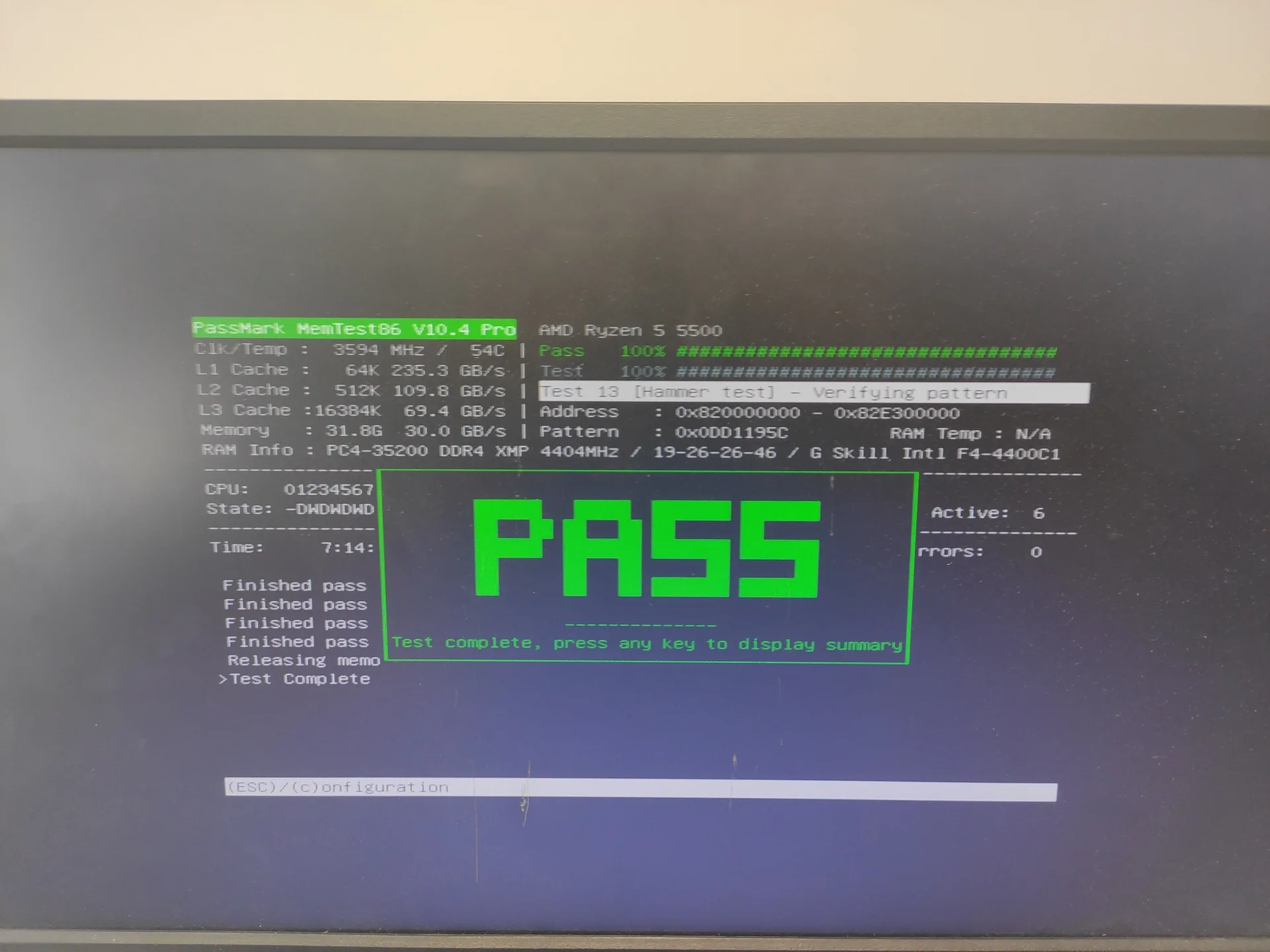 Test de mémoire vive terminé avec succès, sans erreur détectée