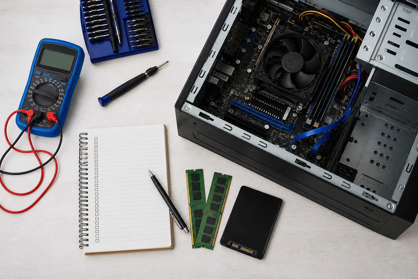 Matériel de diagnostic et composants informatiques sur un établi